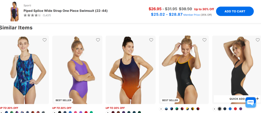 A product page on a swimwear site showcasing shopping recommendations