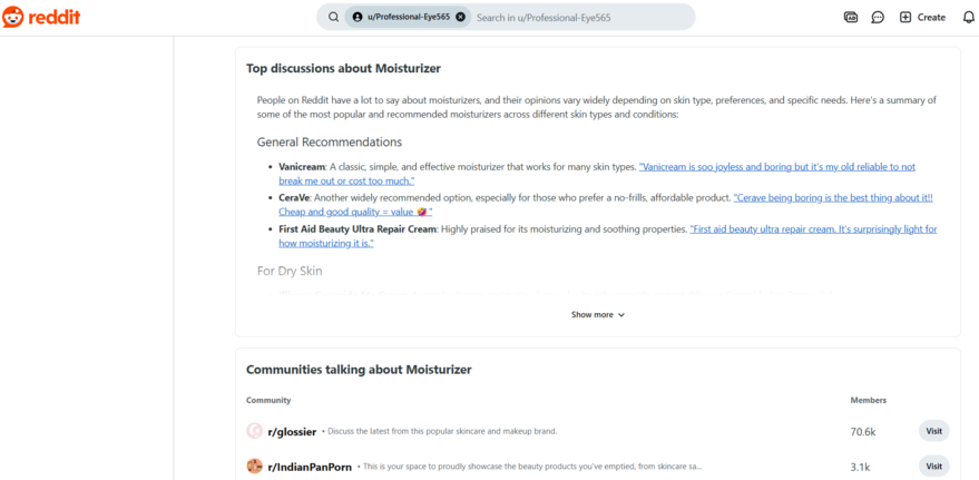 Reddit AI tool showing the top discussions about moisturizer and communities talking about moisturizer