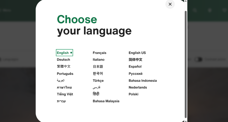 A pop-up website screen asking to "choose your language"