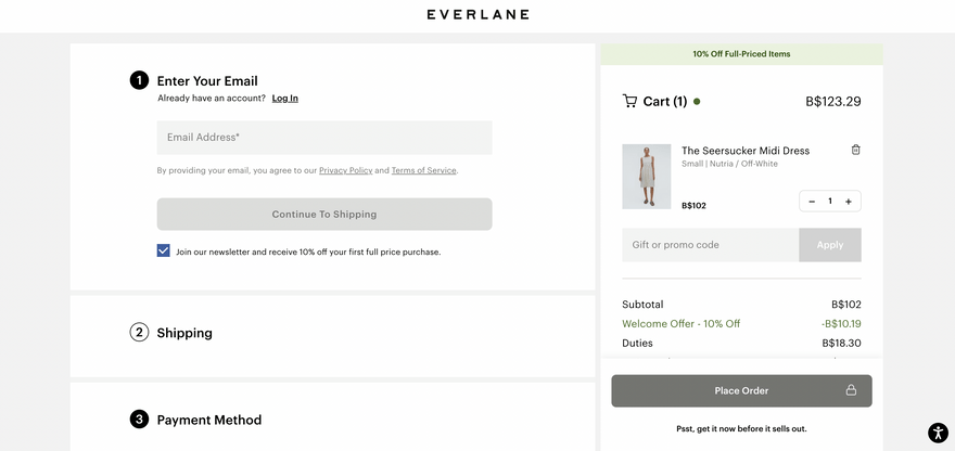 Everlane&rsquo;s checkout page