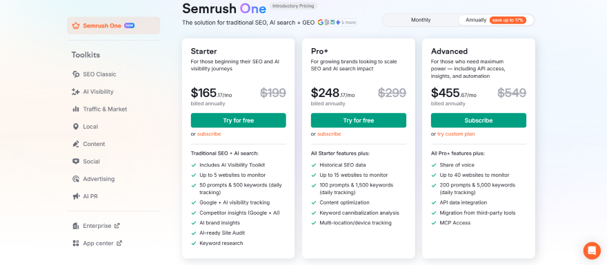 Pricing comparison for Semrush One's SEO and AI visibility plans: Starter, Pro+, and Advanced, with monthly and annual billing options.