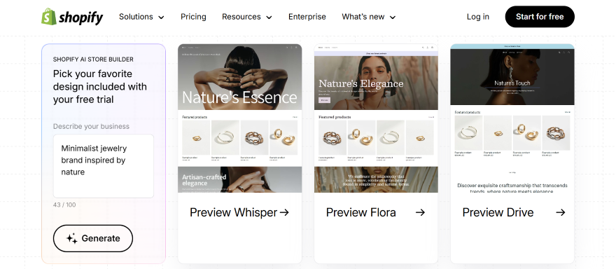 Shopify interface showcasing an AI store builder for a minimalist jewelry brand, featuring design previews and a business description option.