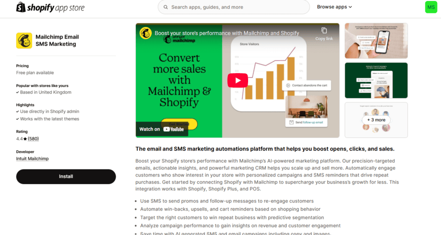 Mailchimp page in Shopify's app store