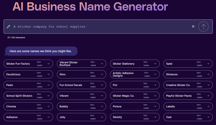 List of business names generated by Shopify's business name generator for a school sticker company