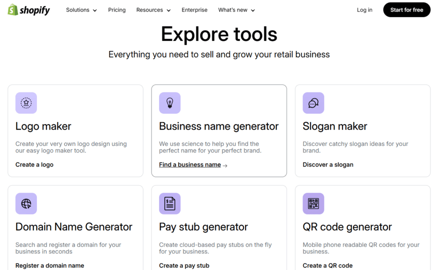 Page on Shopify listing its free business tools including the business name generator