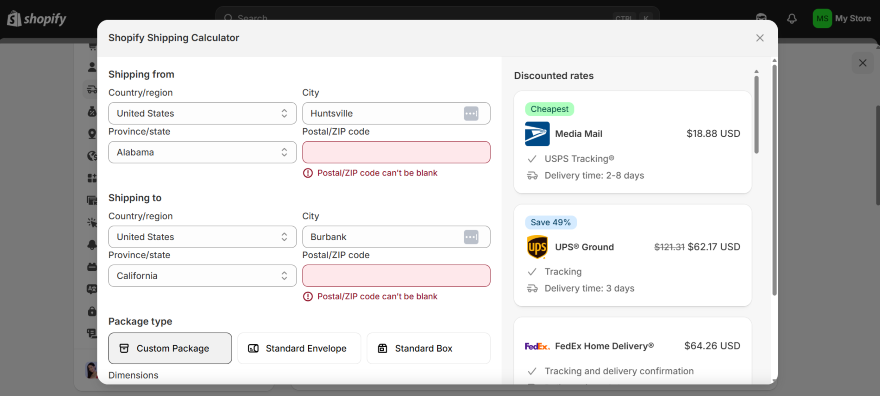 Shopify Dashboard showcasing where users can calculate shipping rates