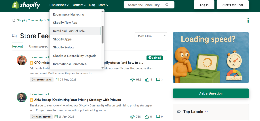 A screenshot of a web page displaying the Shopify Community forum, featuring various discussion topics related to e-commerce, including questions and answers about Shopify apps, checkout processes, and pricing strategies.