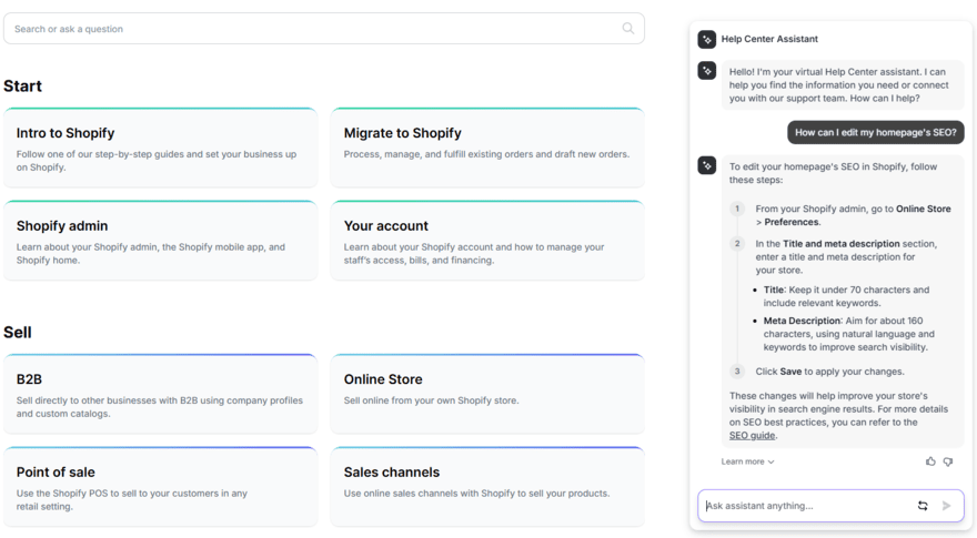 Shopify help center with the AI assistant pop up on the right