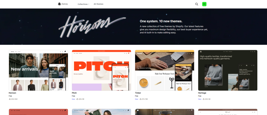 A selection of ten new Shopify themes titled "Horizons," featuring various design options for online shops.