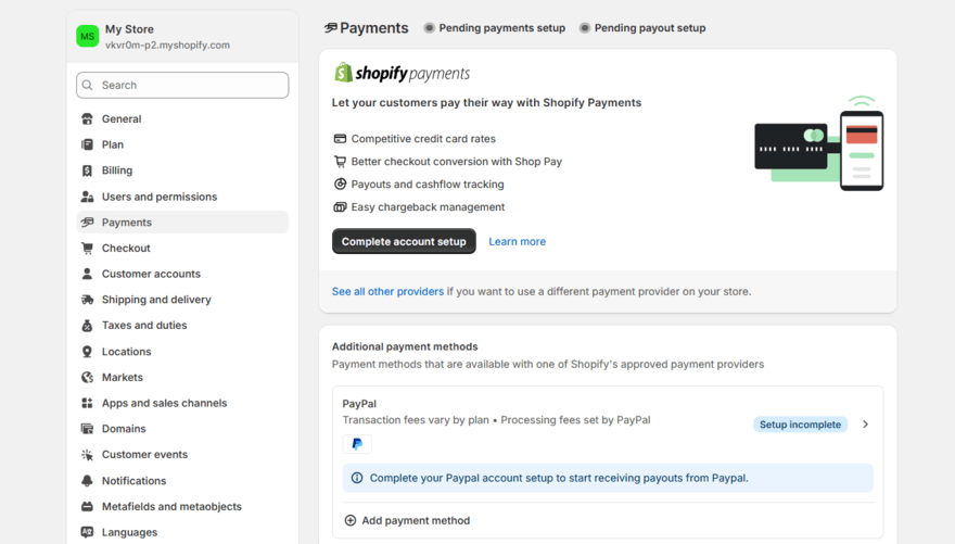 Shopify Payments setup page in a Shopify account
