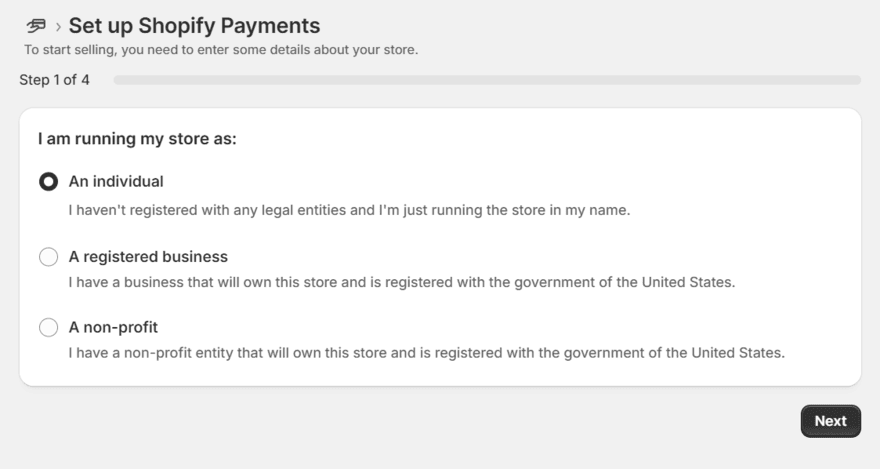 Setup process for Shopify Payments