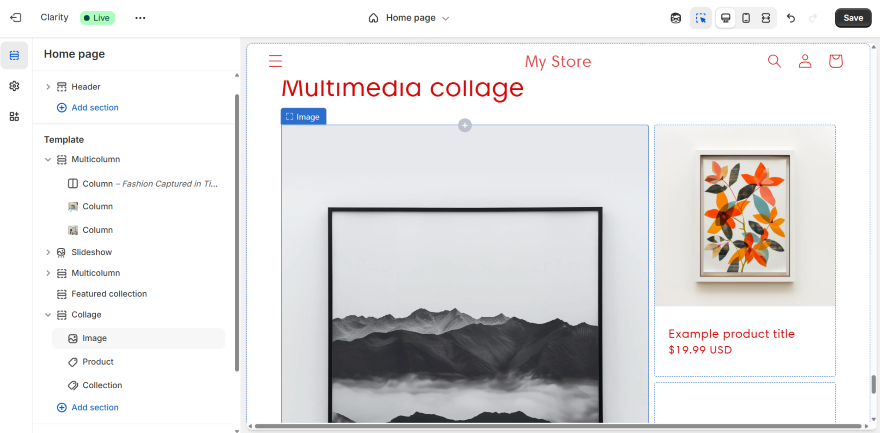 A web page layout showcasing a multimedia collage featuring a mountain landscape and a colorful floral artwork with a product listing.