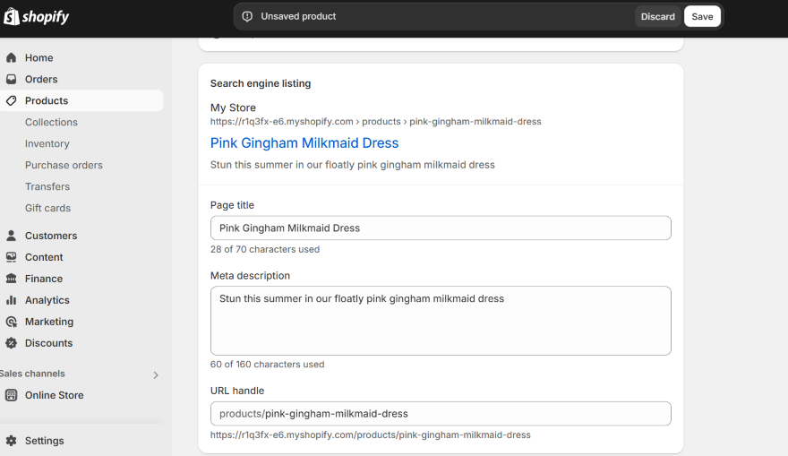 Screenshot of a Shopify product page for the "Pink Gingham Milkmaid Dress," displaying SEO title and meta description fields.