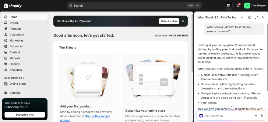 Screenshot of Shopify's setup guide for a jewelry business, featuring a sidebar for its virtual assistant