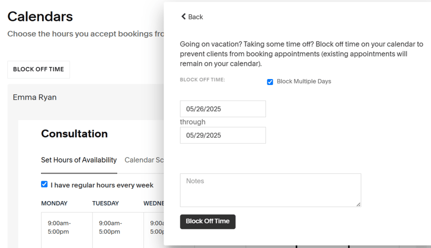Squarespace Acuity Scheduling calendar settings
