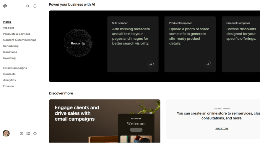 Squarespace Beacon AI suggested uses in the account dashboard