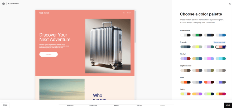 Picking a color palette in Squarespace's Blueprint AI