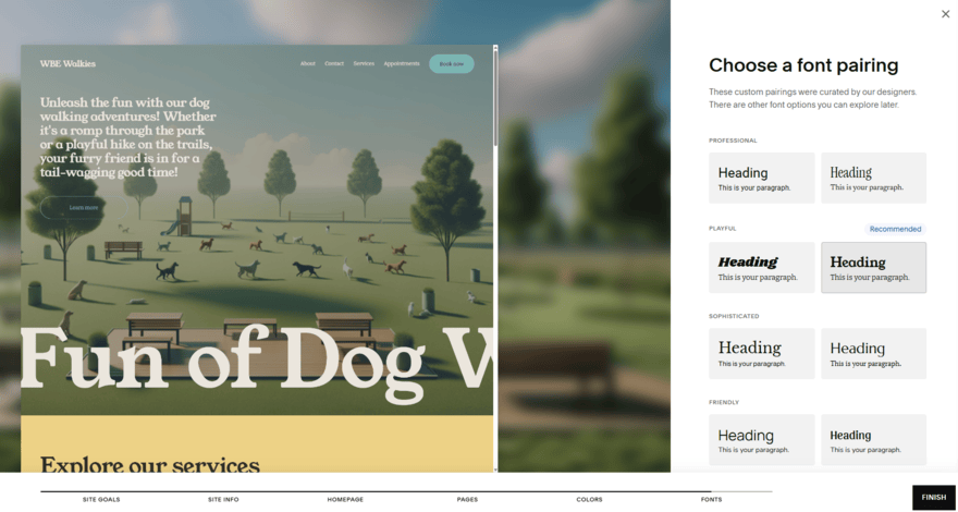 Squarespace Blueprint AI stage asking you to choose from a list of font types