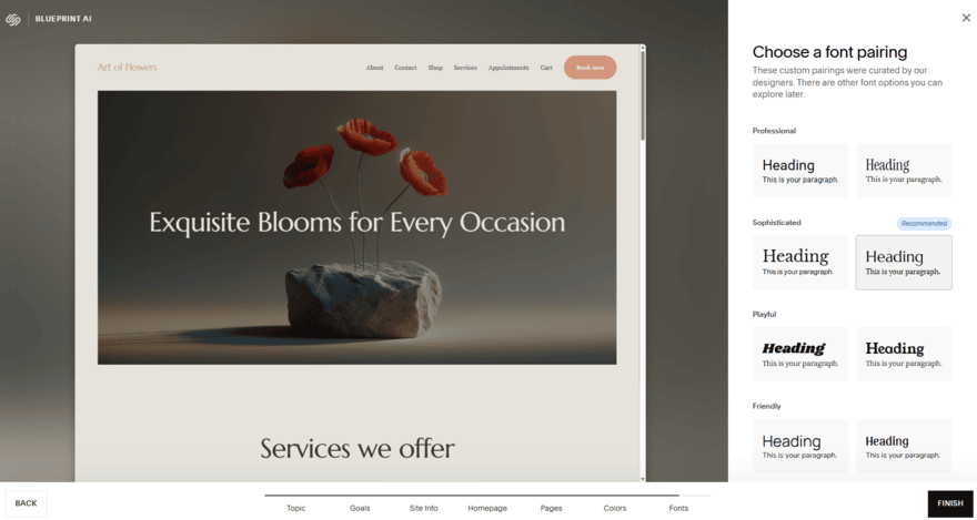 Squarespace Blueprint AI builder showing the step to change your font type