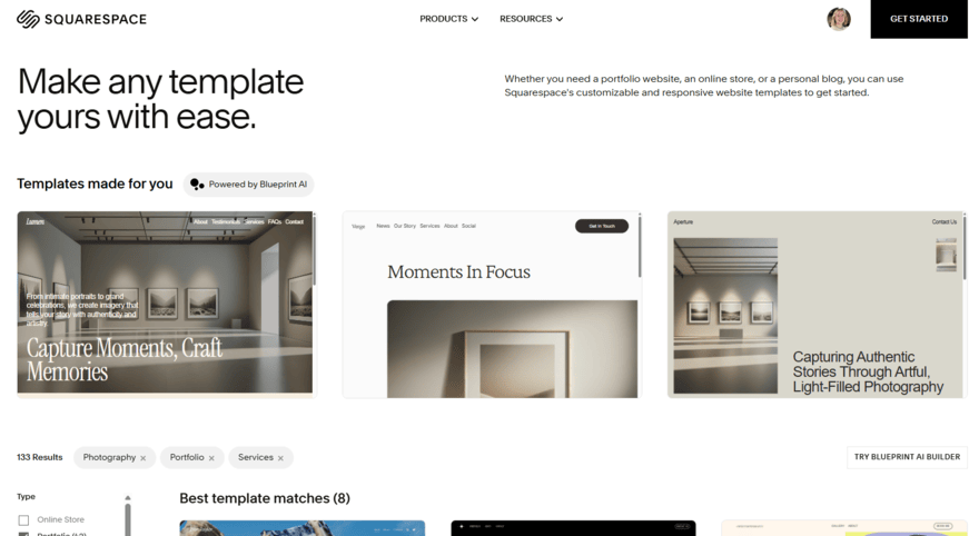 Three suggested templates powered by Squarespace Blueprint AI builder