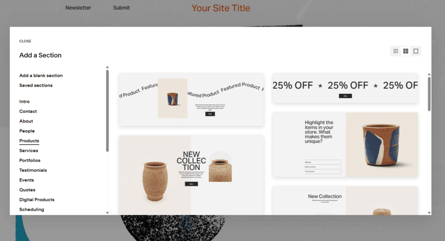 Product section design options in Squarespace's editor
