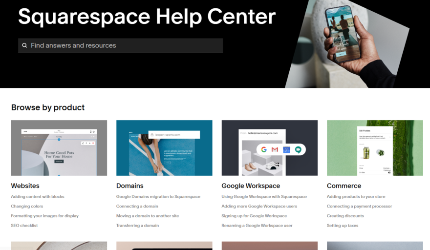 Squarespace Help Center homepage showing popular guides and a search bar