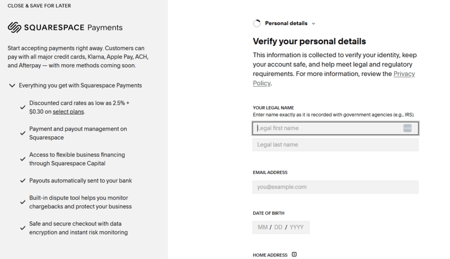 A page requesting the user to verify personal details to set up Squarespace Payments