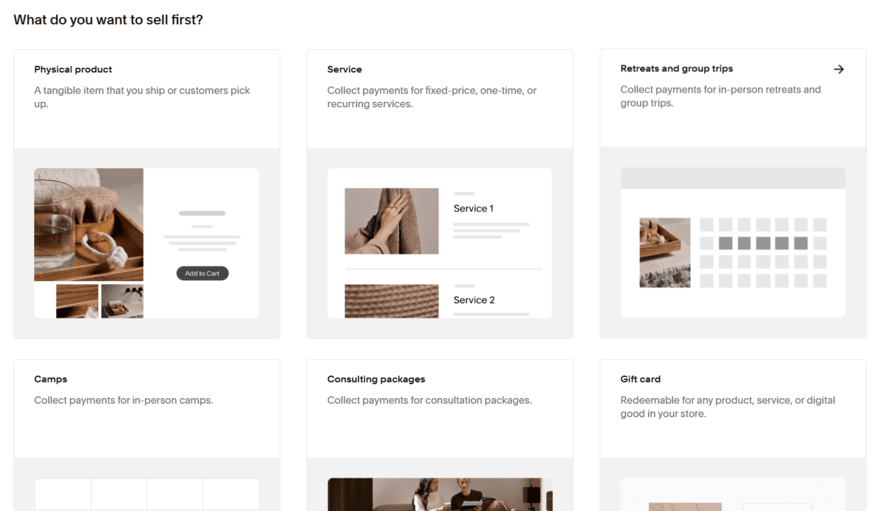 Cards showing different product types you can add to your Squarespace site