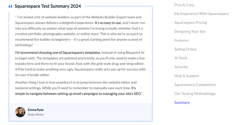 Squarespace test summary in Website Builder Expert's Squarespace Review article
