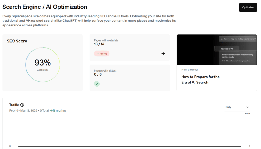 Squarespace's AI SEO score dashboard