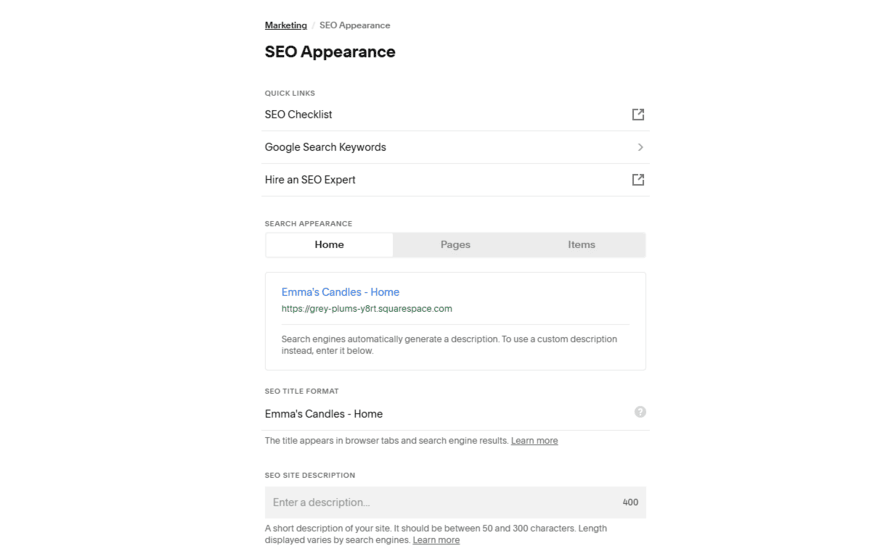 Squarespace's SEO settings