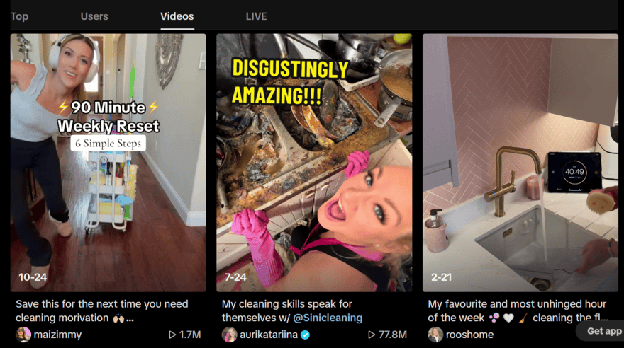 Three TikTok videos showing cleaning influencers