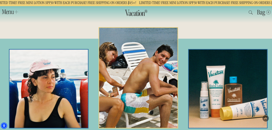 Vacation brand homepage with product imagery and a consistent retro design on display