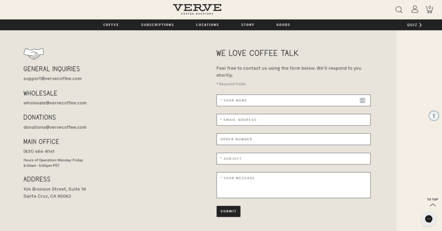 Contact form on Verve Coffee Roasters