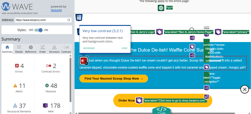 Screenshot of WAVE tool identfying accessibility improvements for Ben & Jerry's homepage