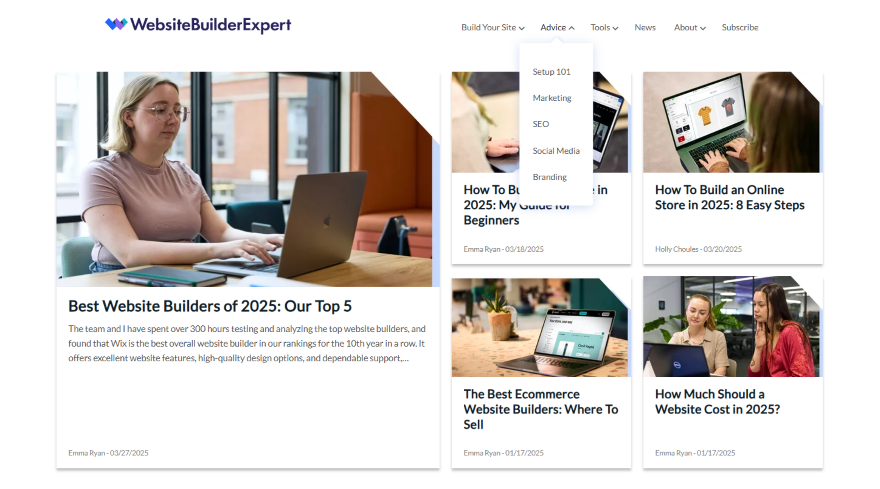 A homepage with different articles and a dropdown nav bar showcasing website content categories.