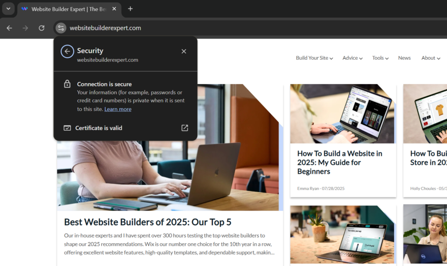 Website security checker in Chrome showing that Website Builder Expert is secure