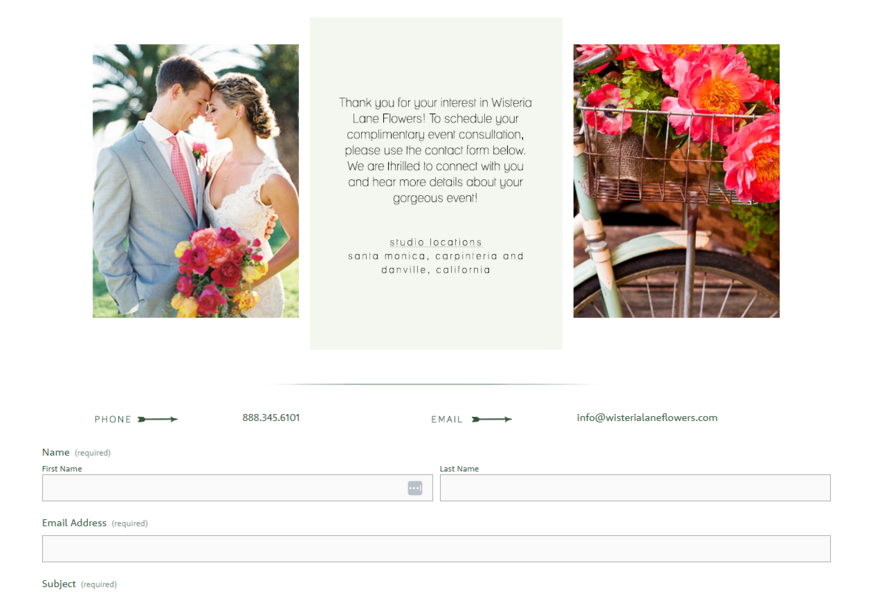 Contact page for Wisteria Lane Flowers business