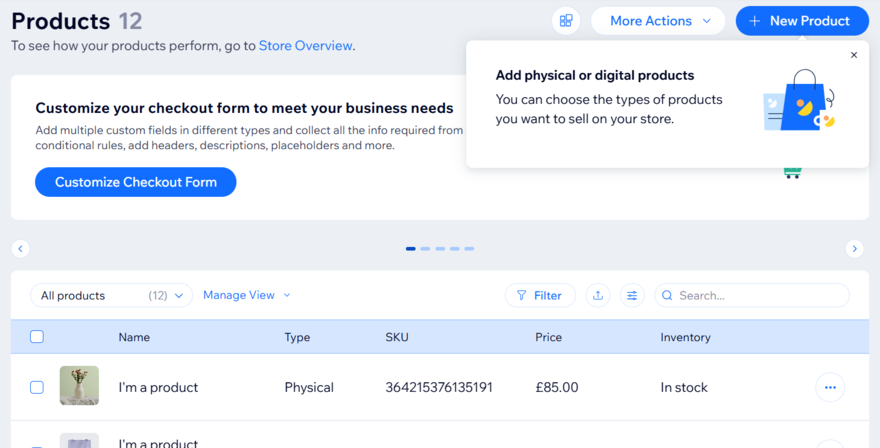 Wix product settings
