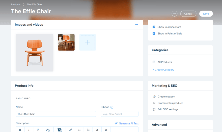 Product page to add new products in Wix