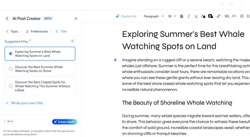 Wix AI blog creator generating content on whale watching spots