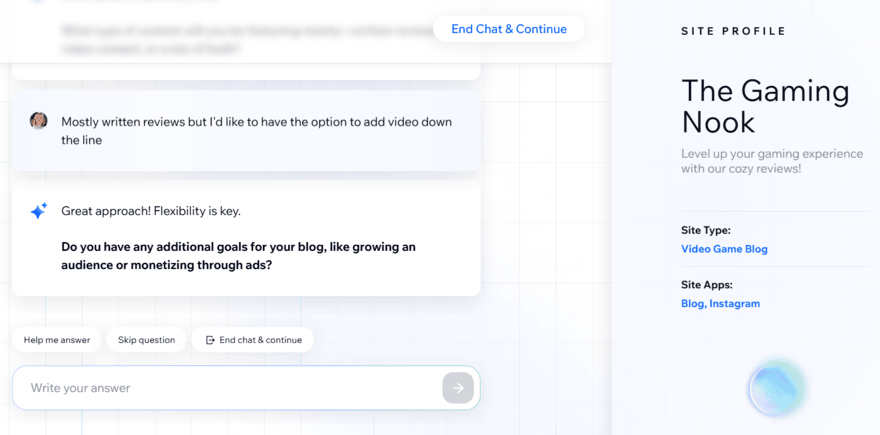 Wix AI chatbot builder producing a site profile