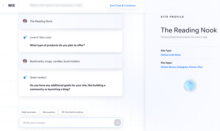 Wix AI builder chatbot showing a site profile for a bookmark craft business
