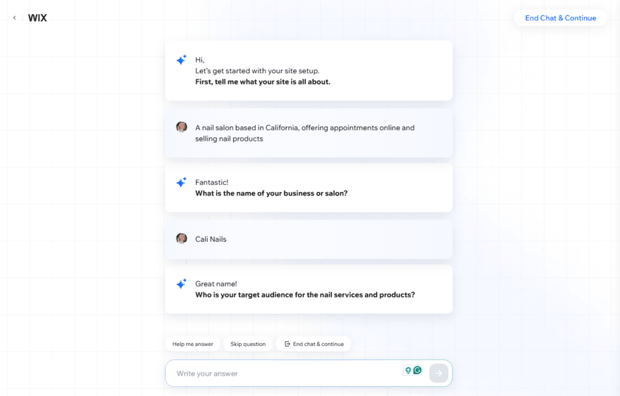 Wix's AI chatbot asking questions about my business to build a site profile