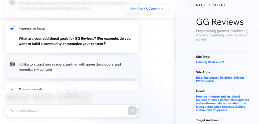 Wix AI chatbot conversation and site profile for a video game review site
