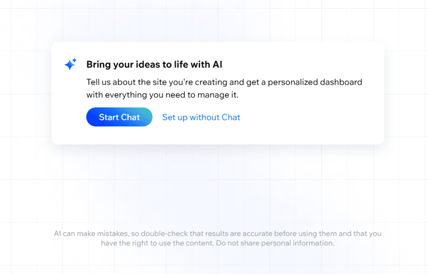 Wix's AI chatbot to build a website, offering options to start chat or set up without chat