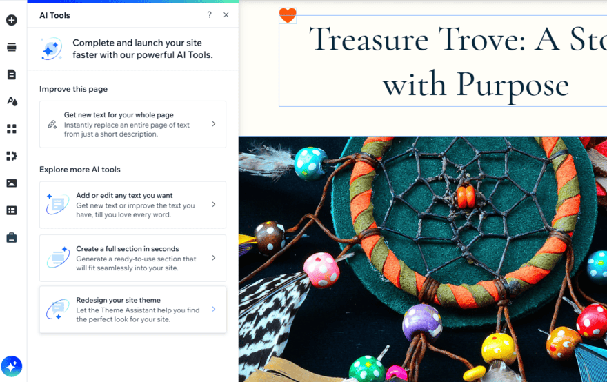 List of Wix's AI tools in the website editor