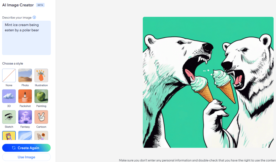Wix's AI image creator generating a pop art style image of polar bears eating ice cream