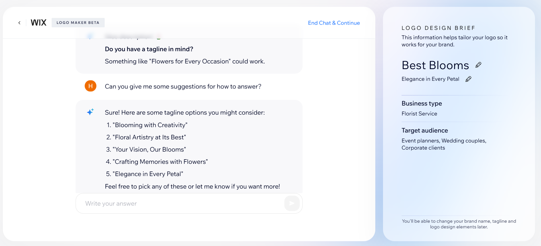 A chat interface displaying tagline suggestions for a floral service named "Best Blooms" and its target audience.