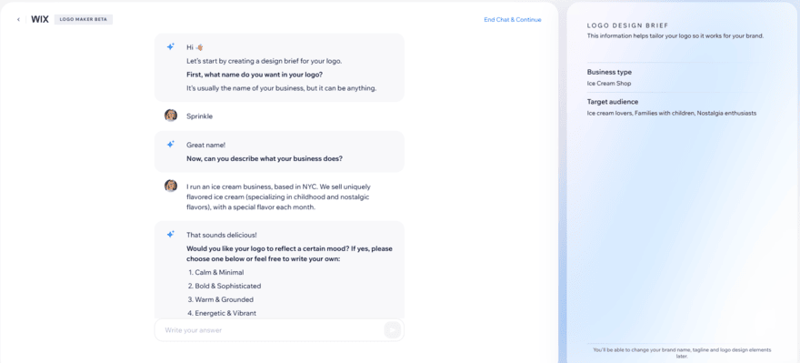 Wix Logo Maker AI chatbot conversation to build my logo design brief